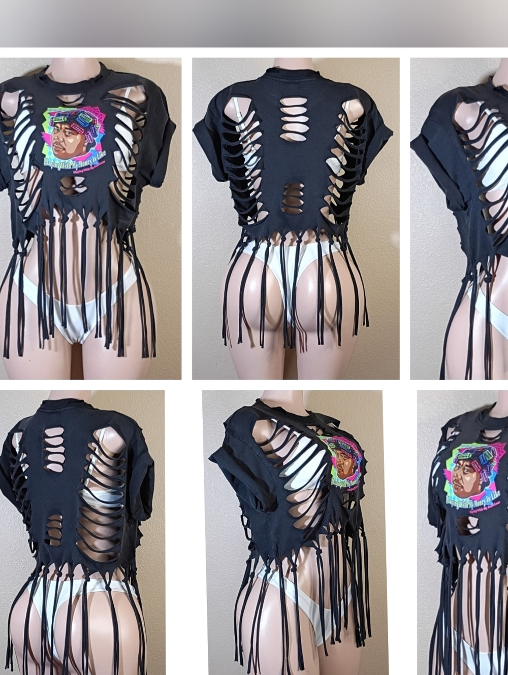 Black Big Worm Custom Designed  Fringe Crop Tee